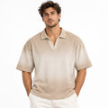 LEIRION Men's Oversized Gradient V-Neck Polo Shirt in Brown Cream Ombré