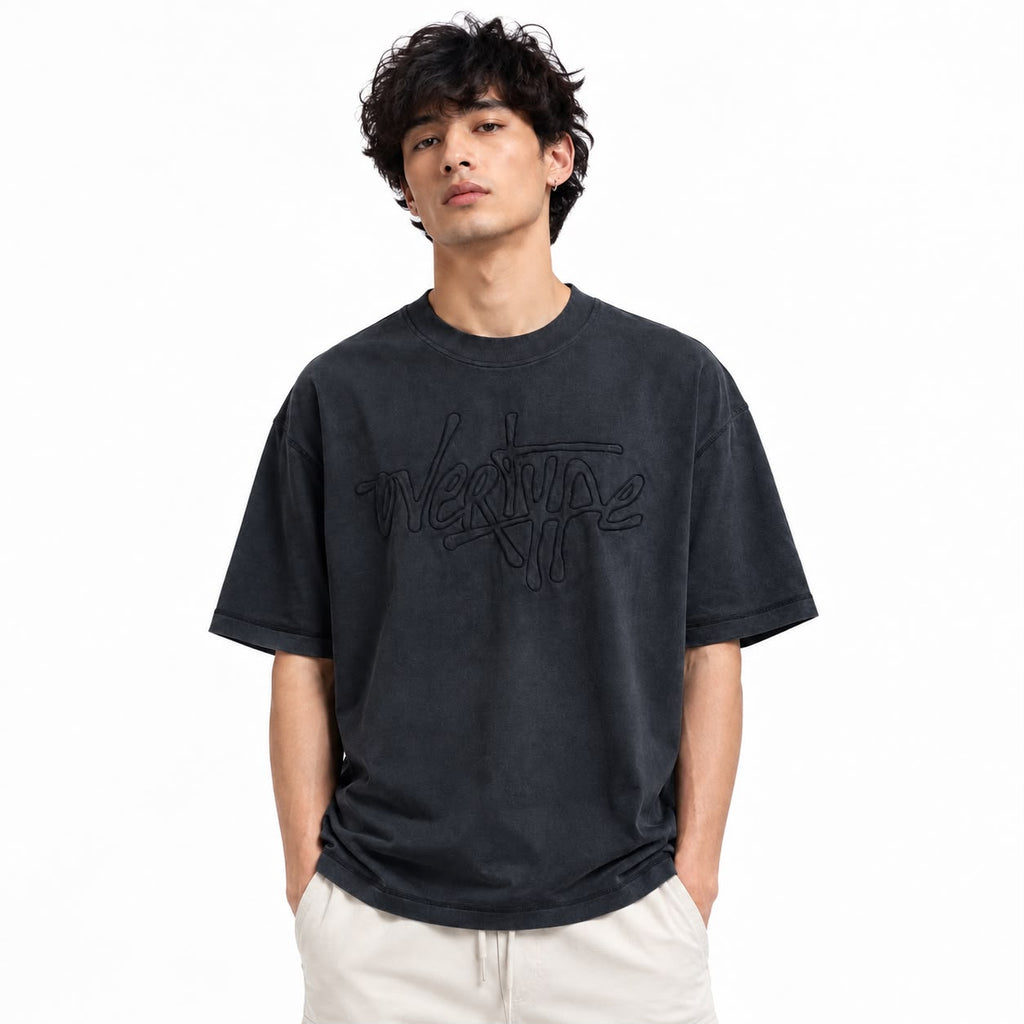 LEIRION Men's Overtype 3D Embroidered Oversized T-Shirt in Black