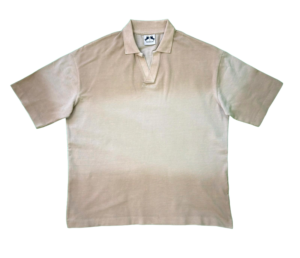 LEIRION Men's Oversized Gradient V-Neck Polo Shirt in Brown Cream Ombré